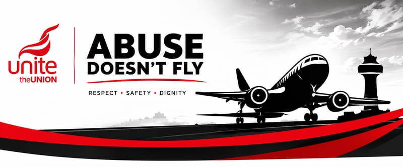 Abuse Doesn't Fly campaign artwork — Unite the Union logo beside the words 'Abuse Doesn't Fly', respect, safety, dignity, with an airliner on a runway.
